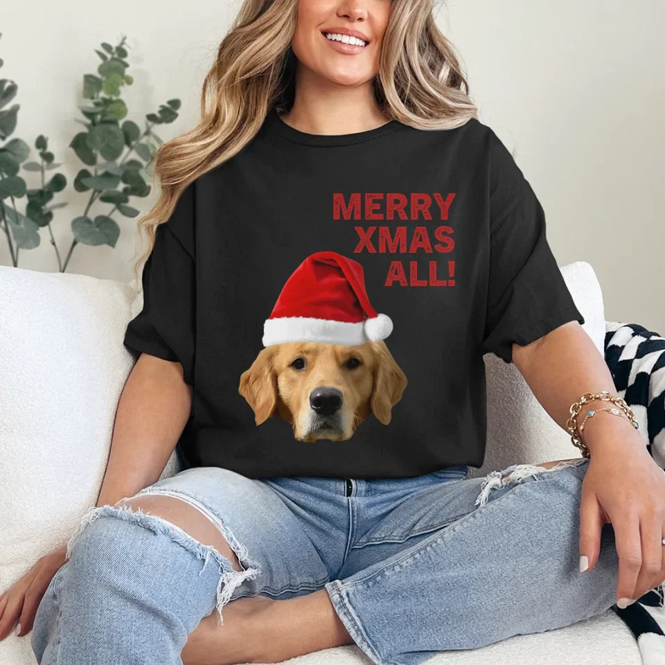 Personalized Merry Xmas Text and Pet in Santa Hat T-Shirt