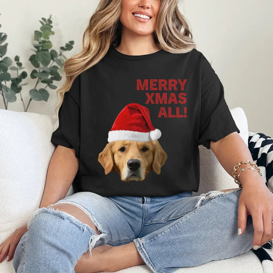 Personalized Merry Xmas Text and Pet in Santa Hat T-Shirt