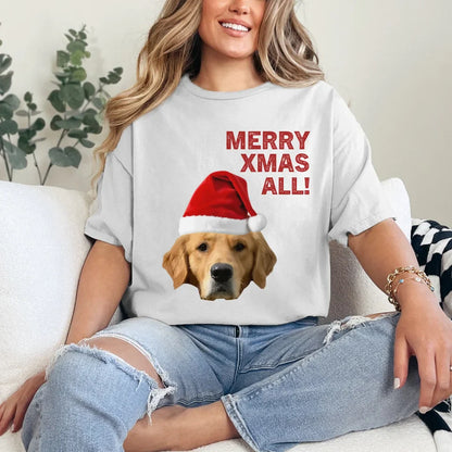 Personalized Merry Xmas Text and Pet in Santa Hat T-Shirt