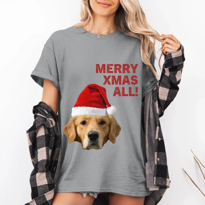Personalized Merry Xmas Text and Pet in Santa Hat T-Shirt