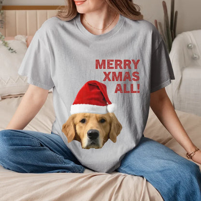 Personalized Merry Xmas Text and Pet in Santa Hat T-Shirt