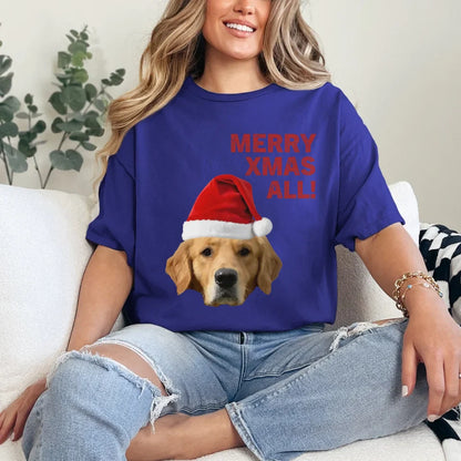 Personalized Merry Xmas Text and Pet in Santa Hat T-Shirt