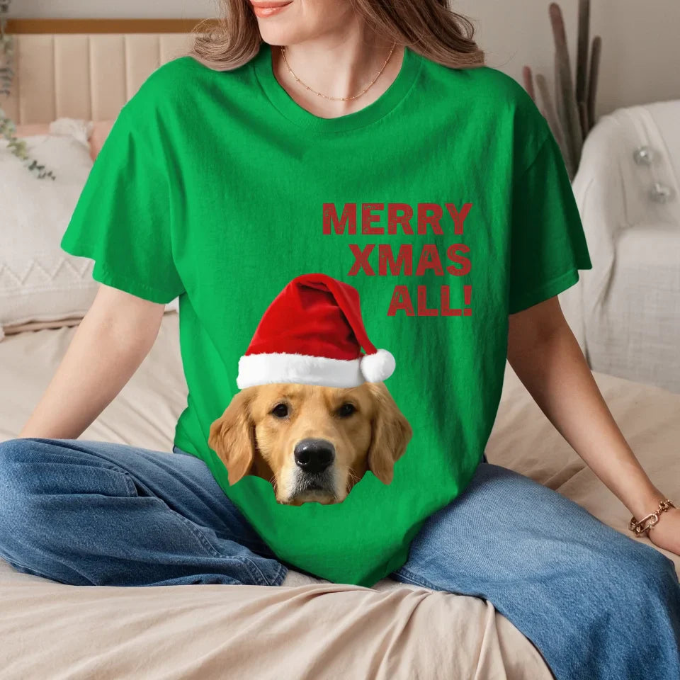 Personalized Merry Xmas Text and Pet in Santa Hat T-Shirt