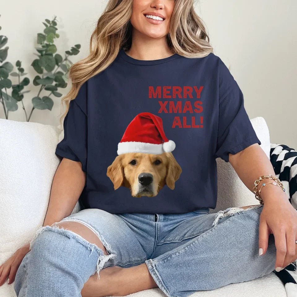 Personalized Merry Xmas Text and Pet in Santa Hat T-Shirt