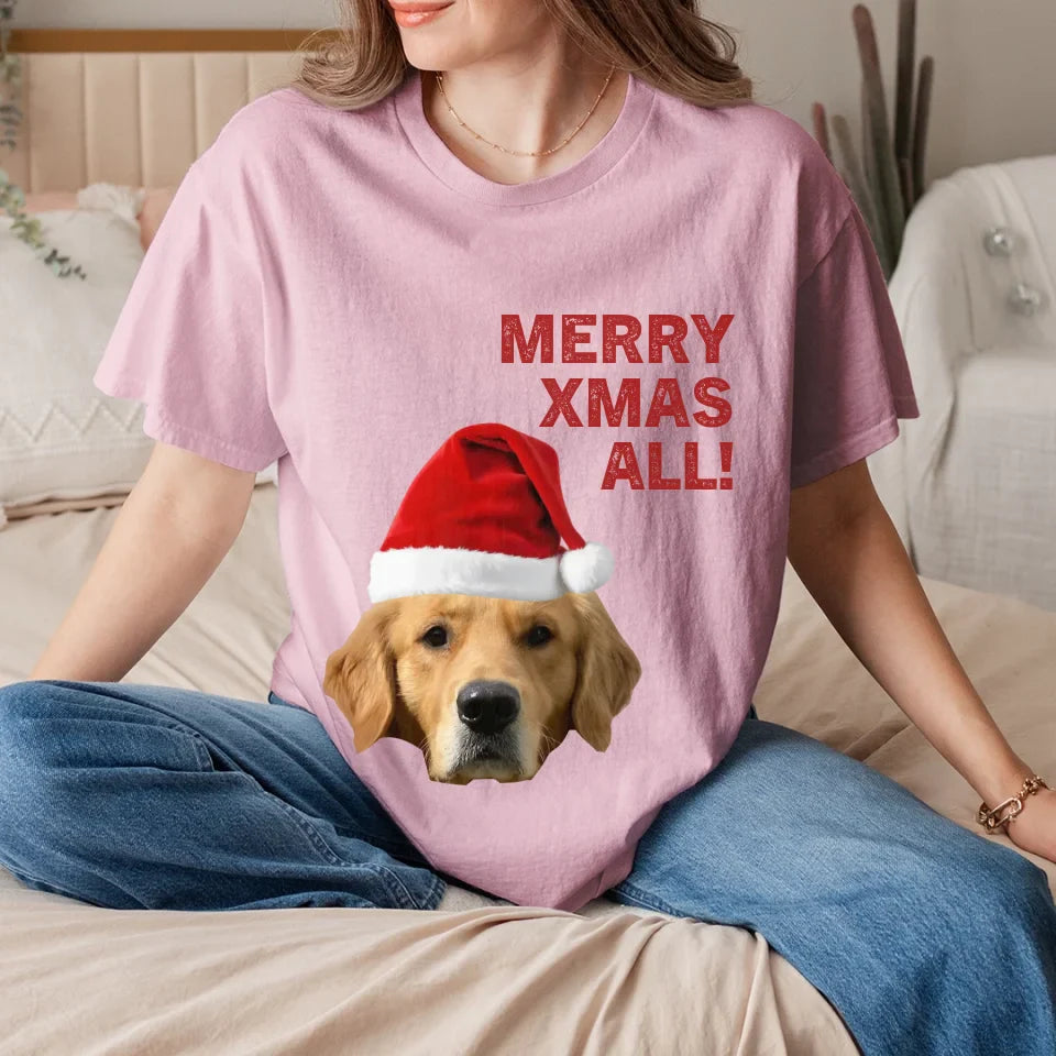 Personalized Merry Xmas Text and Pet in Santa Hat T-Shirt