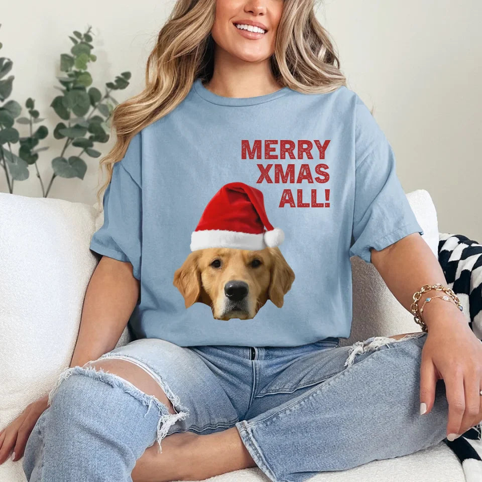 Personalized Merry Xmas Text and Pet in Santa Hat T-Shirt