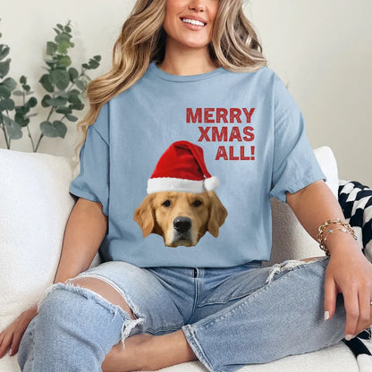 Personalized Merry Xmas Text and Pet in Santa Hat T-Shirt