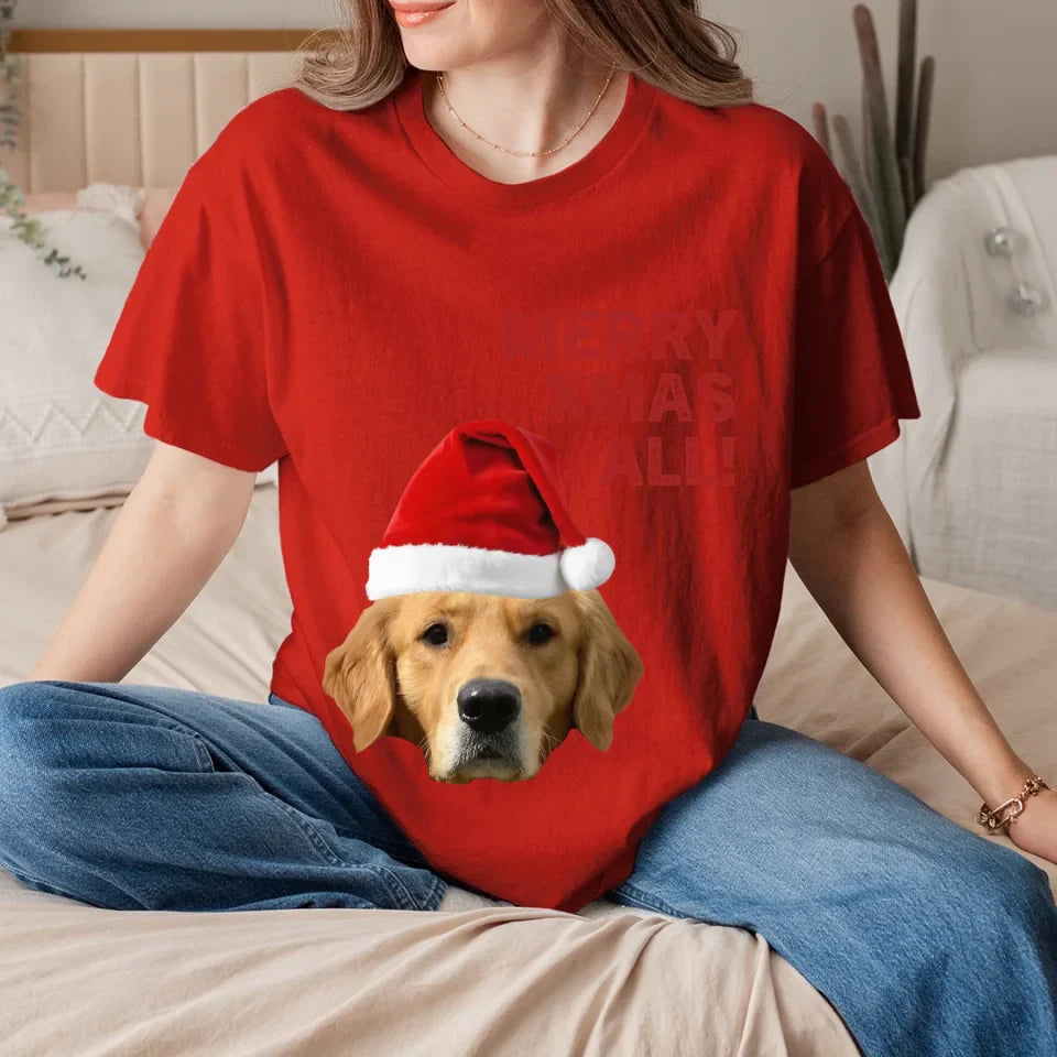 Personalized Merry Xmas Text and Pet in Santa Hat T-Shirt