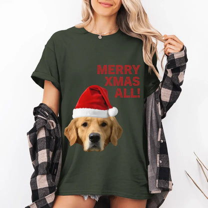 Personalized Merry Xmas Text and Pet in Santa Hat T-Shirt